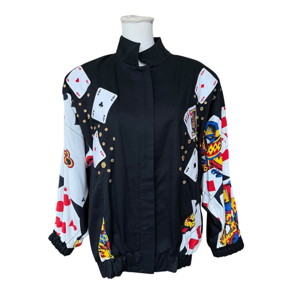 Lillie Rubin Vintage Playing Card Novelty Bomber Jacket Studded Black XS - Picture 5 of 10